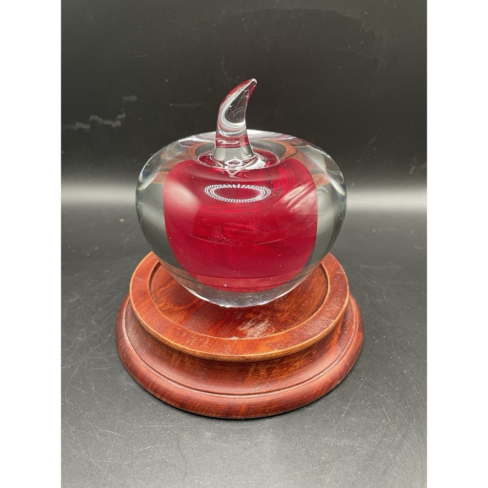 Vtg Art Glass Red Apple Fruit Sculpture Hand Blown Paperweight Clear 4" - Picture 6 of 9